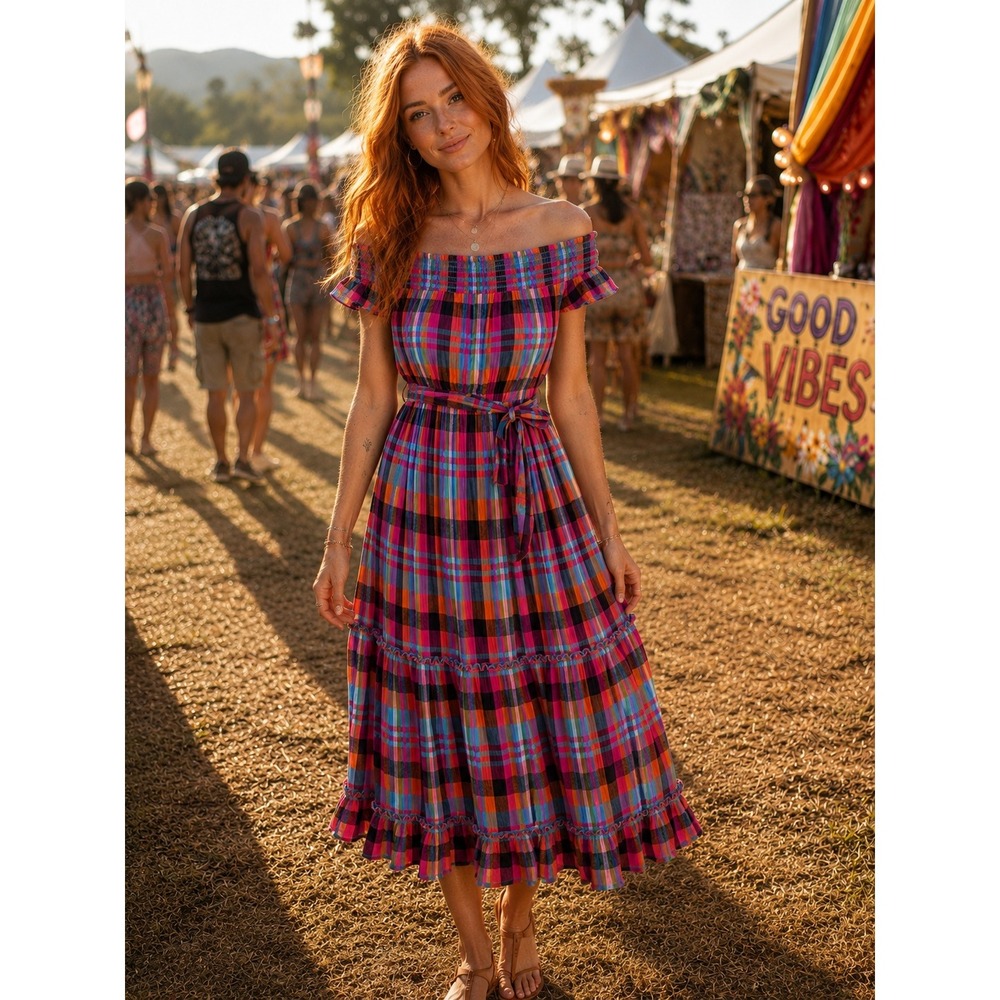 Whimsigoth‎ Festival Plaid Midi Dress Smocked Off Shoulder Multicolor XS
